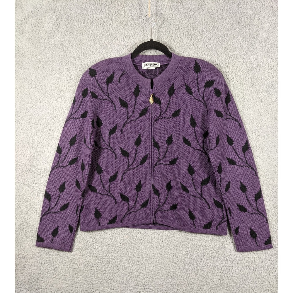 VTG San Remo by Laura Knits Sweater Womens M Purple Leaf Print Zip Whimsigoth